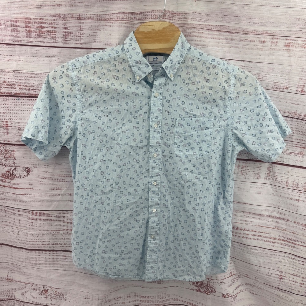 Southern Tide Shirt Large Blue Fireworks Button Down Short Sleeve Classic Fit - Picture 2 of 8
